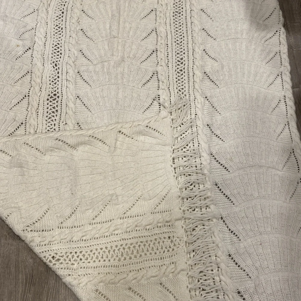 VTG Hand Knit Ivory White Afghan Popcorn‎ Vine Lace Cable Stitch Fringe